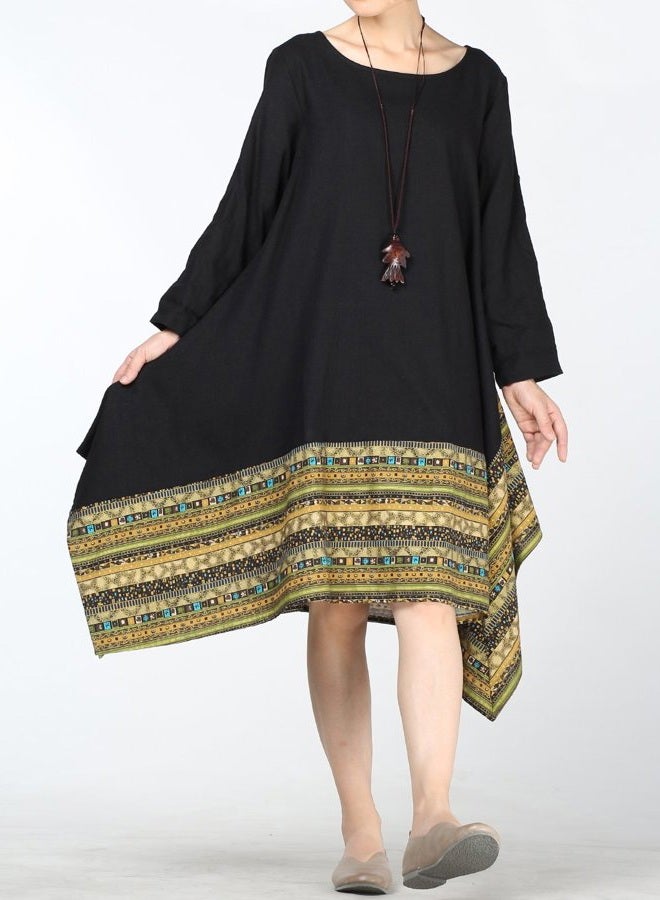 Minibee Women's Ethnic Cotton Linen Short/Long Sleeves Irregular Dress, Z-long Sleeve-black, M - Image 4