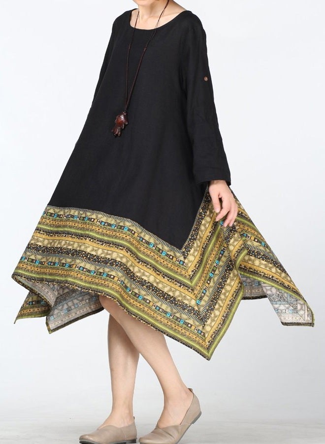 Minibee Women's Ethnic Cotton Linen Short/Long Sleeves Irregular Dress, Z-long Sleeve-black, M - Image 5