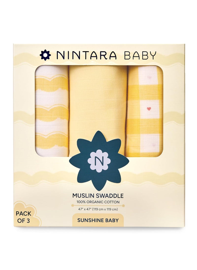 NINTARABABY Nintara Baby ExtraLarge Swaddle 100 Organic Premium Muslin Cotton 47 x 47 119 cm x 119 cm UltraSoft Breathable Lightweight Multipurpose Unisex Gifts for Newborn Babies Pack of 3 