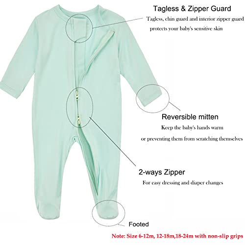Aablexema Baby Zipper Pajamas Bamboo Rayon, 3pcs Unisex Infant Onesie with Mitten Long Sleeve Footed Pjs(Navy & Mint & Coffee,0-3m) - Image 2