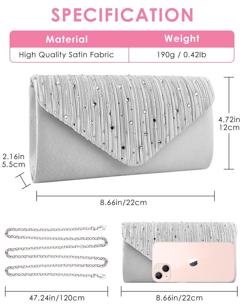 Women's Black Satin Glitter Evening Clutch Purse with Magnetic Closure and Straps - Image 2