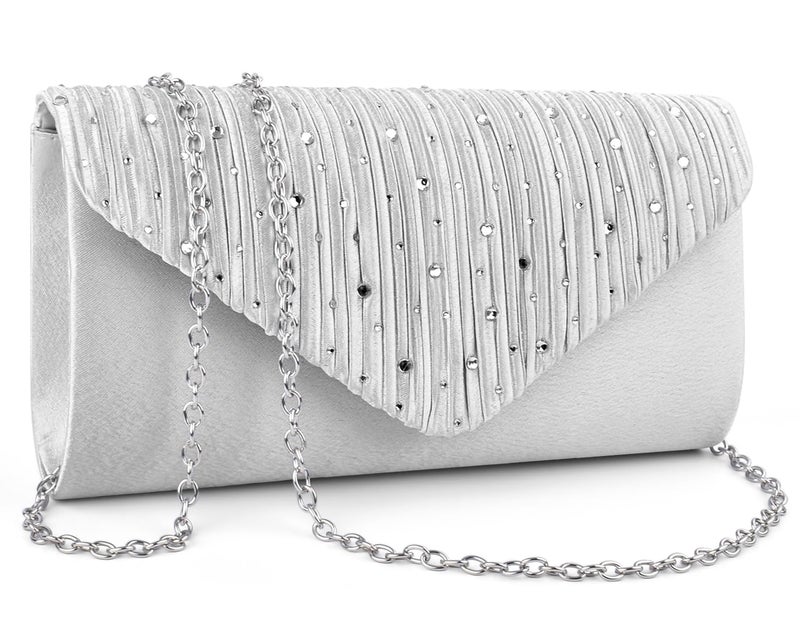 Women's Black Satin Glitter Evening Clutch Purse with Magnetic Closure and Straps - Image 1