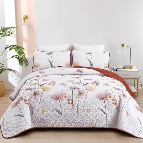 Dinjoy Floral Quilt Set FullQueen SizeBurnt Orange Bedspread Queen Botanical 3 Pieces Cute Quilts Microfiber Lightweight Flower Coverlet Sets Soft Reversible White Bedding Set for All Season 96x90 - Image 1