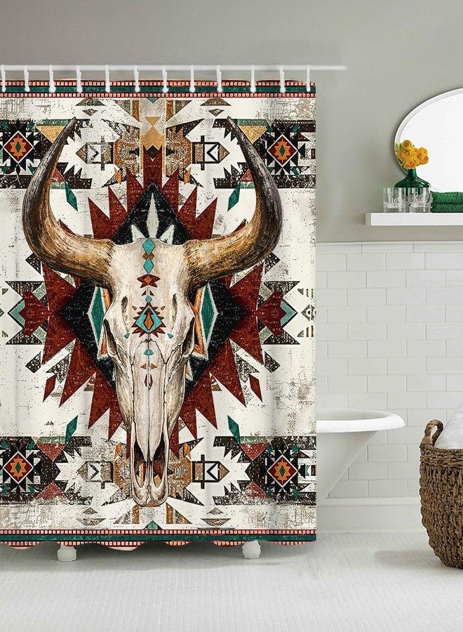 RnnJoile Aztec Shower Curtain Western Bath Curtain Bull Skull Bathroom Decor with Hooks 72"x 72" - Image 2