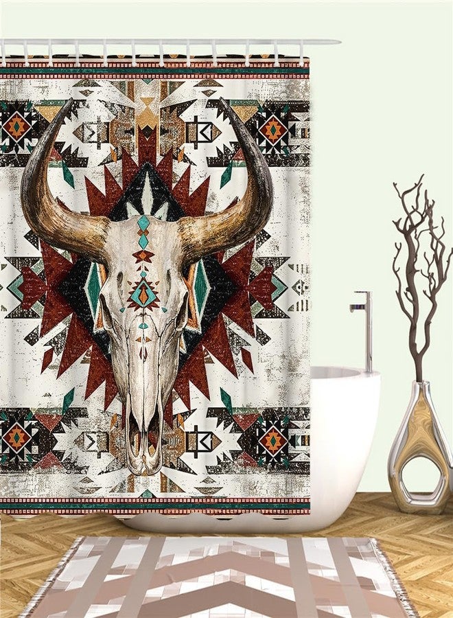 RnnJoile Aztec Shower Curtain Western Bath Curtain Bull Skull Bathroom Decor with Hooks 72"x 72" - Image 5