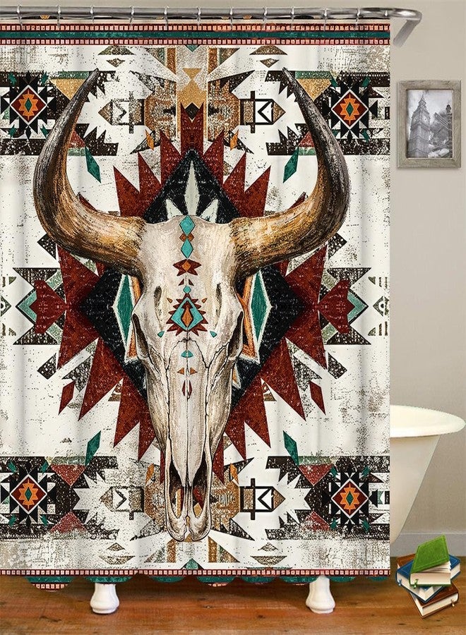 RnnJoile Aztec Shower Curtain Western Bath Curtain Bull Skull Bathroom Decor with Hooks 72"x 72" - Image 3