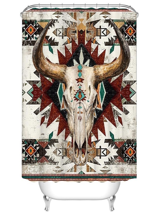 RnnJoile Aztec Shower Curtain Western Bath Curtain Bull Skull Bathroom Decor with Hooks 72"x 72" - Image 1