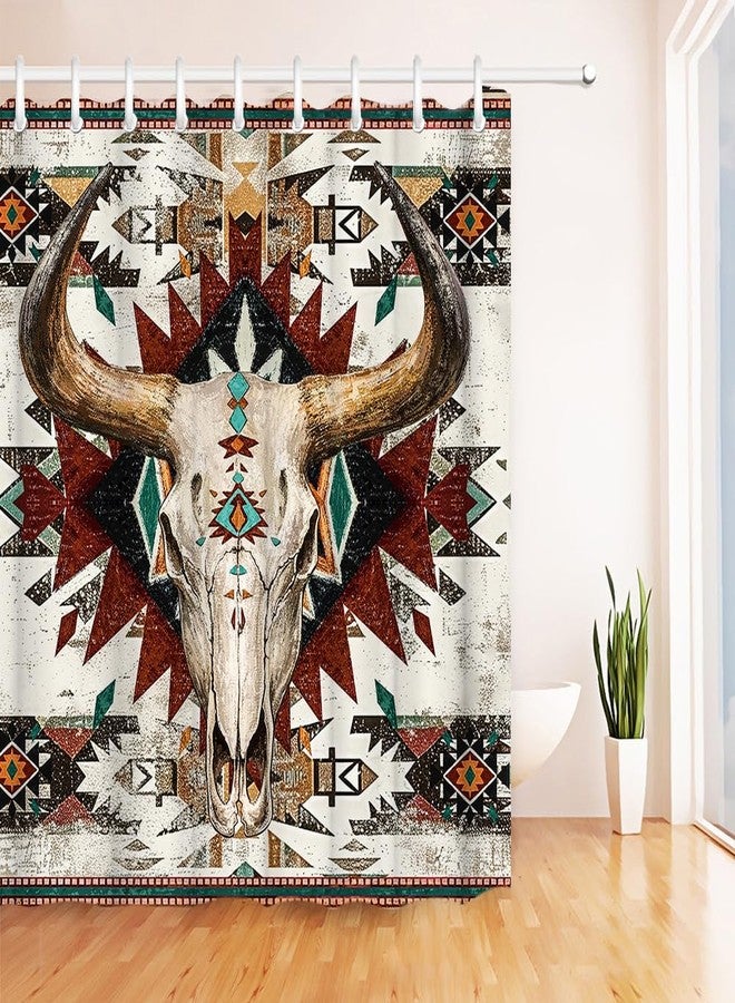 RnnJoile Aztec Shower Curtain Western Bath Curtain Bull Skull Bathroom Decor with Hooks 72"x 72" - Image 4