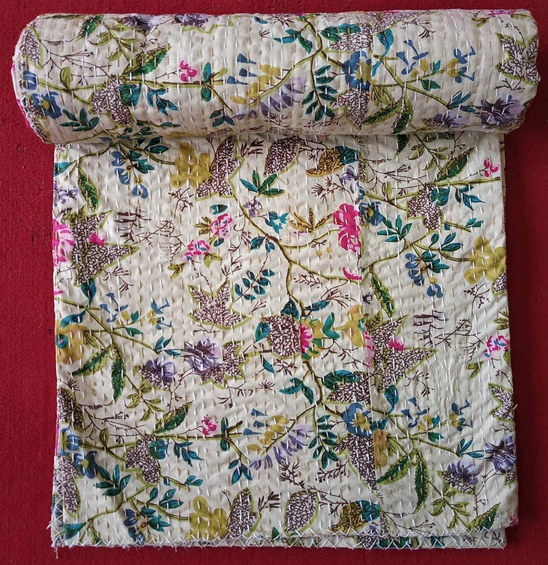 Textile art إبداعات الفن النسيجي إبداعات تقليدية عرقية قنطة هندية غطاء سرير مفرد زمردي من القطن فواكه استوائية مخيطة يدويًا بغطاء سرير من إبداعات الفن النسيجي 90x60 بوصة - Image 1
