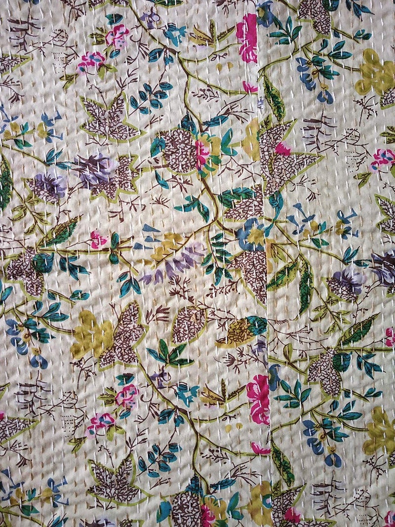 Textile art إبداعات الفن النسيجي إبداعات تقليدية عرقية قنطة هندية غطاء سرير مفرد زمردي من القطن فواكه استوائية مخيطة يدويًا بغطاء سرير من إبداعات الفن النسيجي 90x60 بوصة - Image 3
