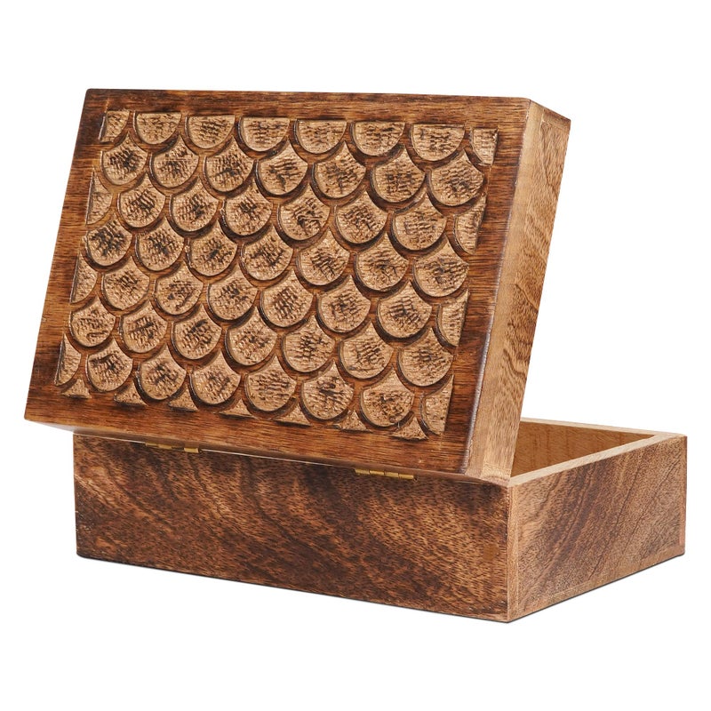 Mela Artisans Carved Scallop Mango Wood Box with Lid - Medium Burnt Large Wooden Box - Handmade Decorative Box with Lid for Use As Memory Box, Keepsake Box, Photo Storage Box, and more - 9â€ x 6â€ x 3.5â€ - Image 1
