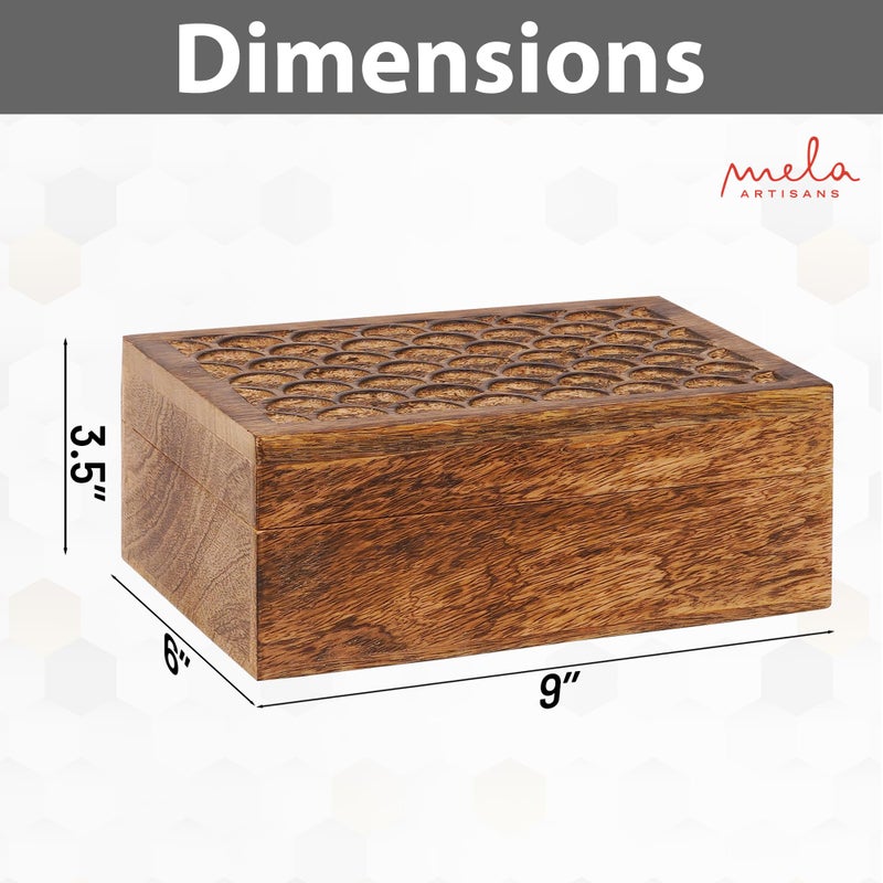 Mela Artisans Carved Scallop Mango Wood Box with Lid - Medium Burnt Large Wooden Box - Handmade Decorative Box with Lid for Use As Memory Box, Keepsake Box, Photo Storage Box, and more - 9â€ x 6â€ x 3.5â€ - Image 3