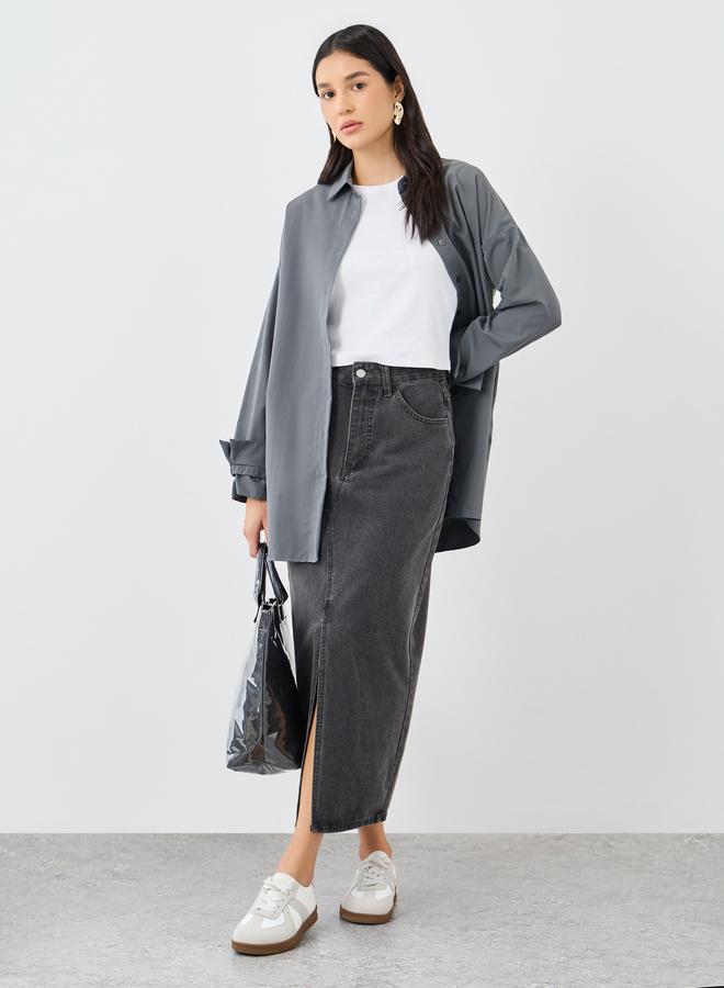 ستايلي قميص نسائي طويل بأكمام مربوطة باللون الرمادي - Image 2