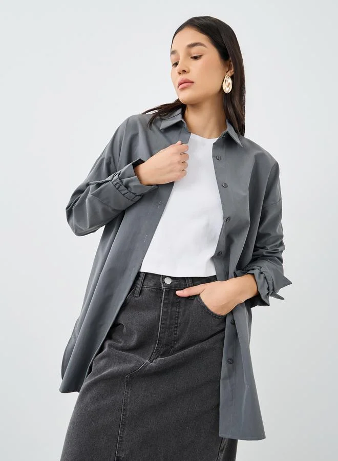 Styli Styli Women Grey Tie Cuff Longline Shirt