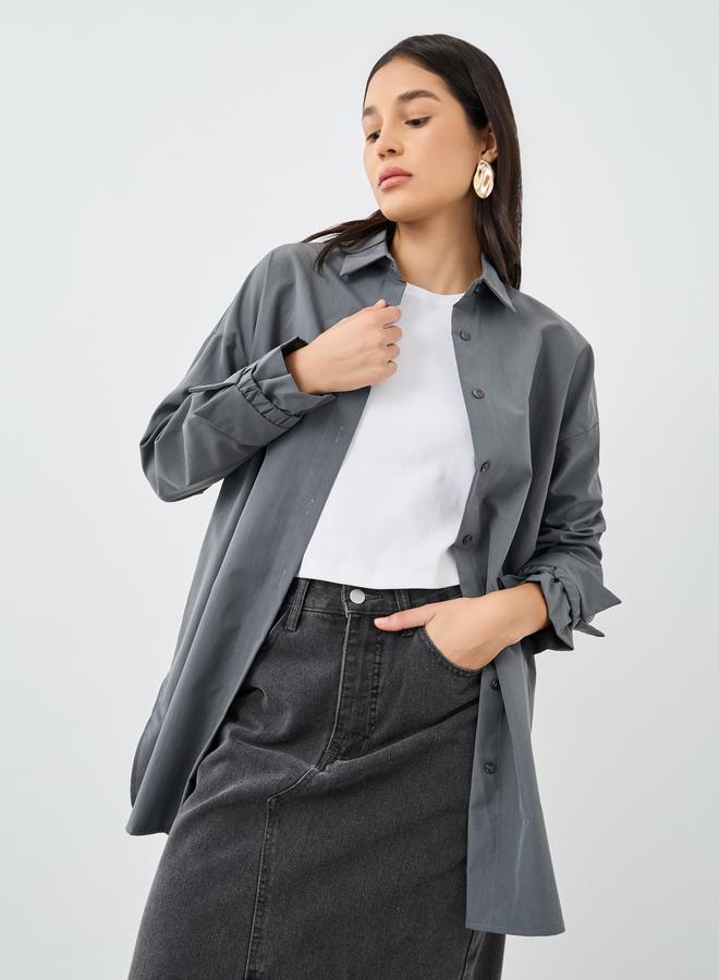 ستايلي قميص نسائي طويل بأكمام مربوطة باللون الرمادي - Image 1