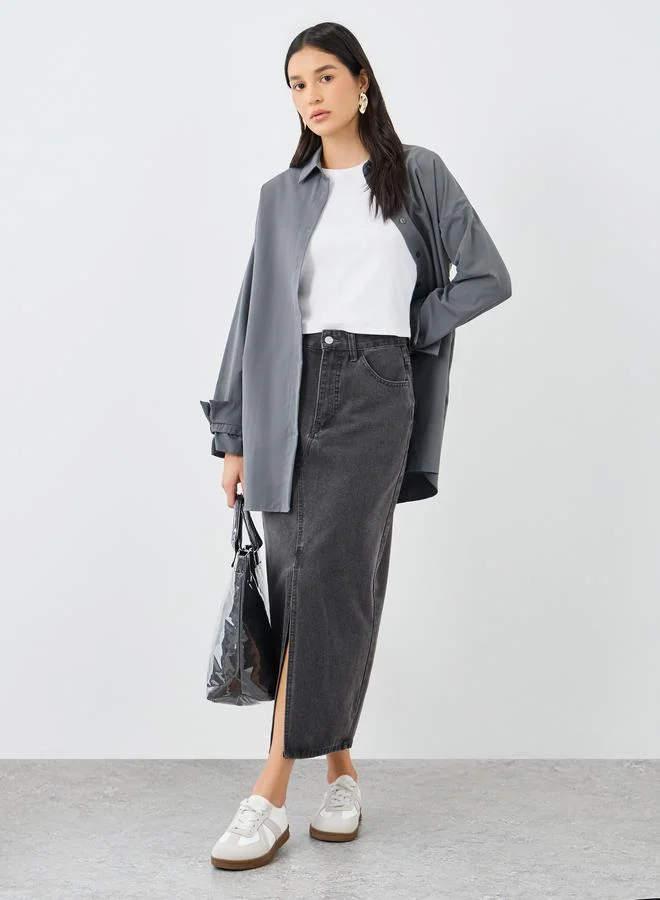 Styli Women Grey Tie Cuff Longline Shirt