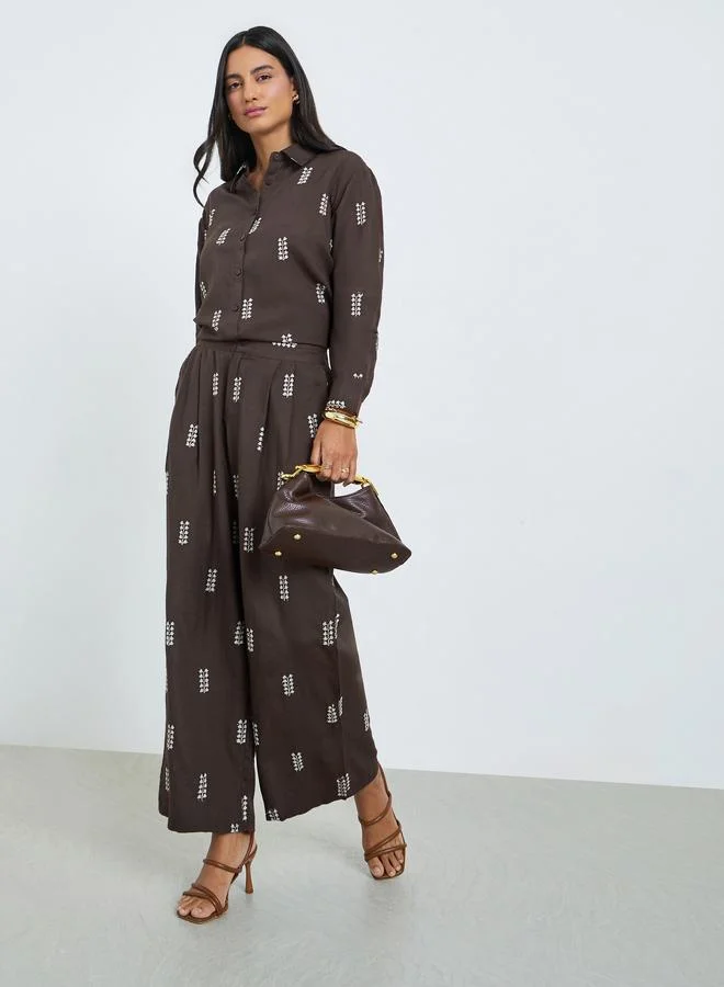 Styli Brown Embroidered Wide Leg Pants
