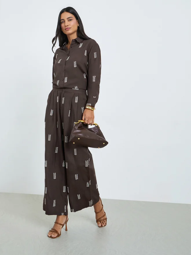 Styli Styli Brown Embroidered Wide Leg Pants