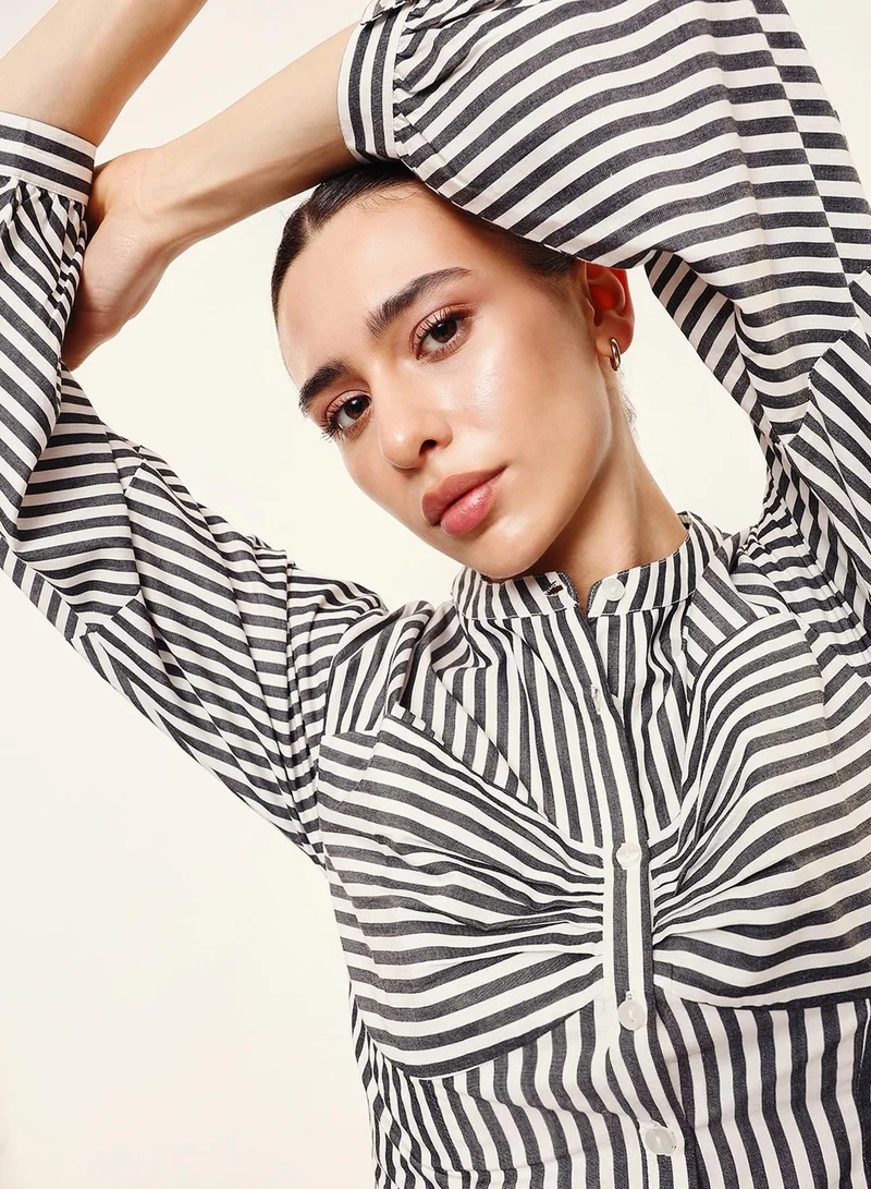 دينيس لينغو Black 100% Cotton Striped Button Down Slim Fit Shirt For Women