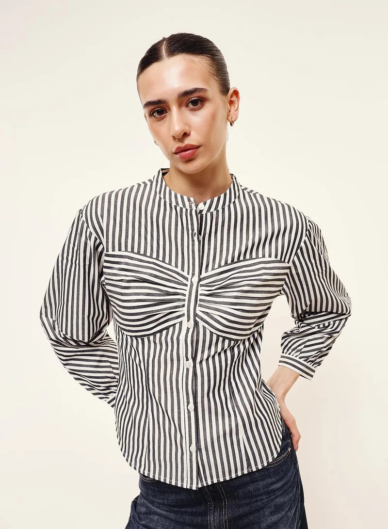 دينيس لينغو Black 100% Cotton Striped Button Down Slim Fit Shirt For Women