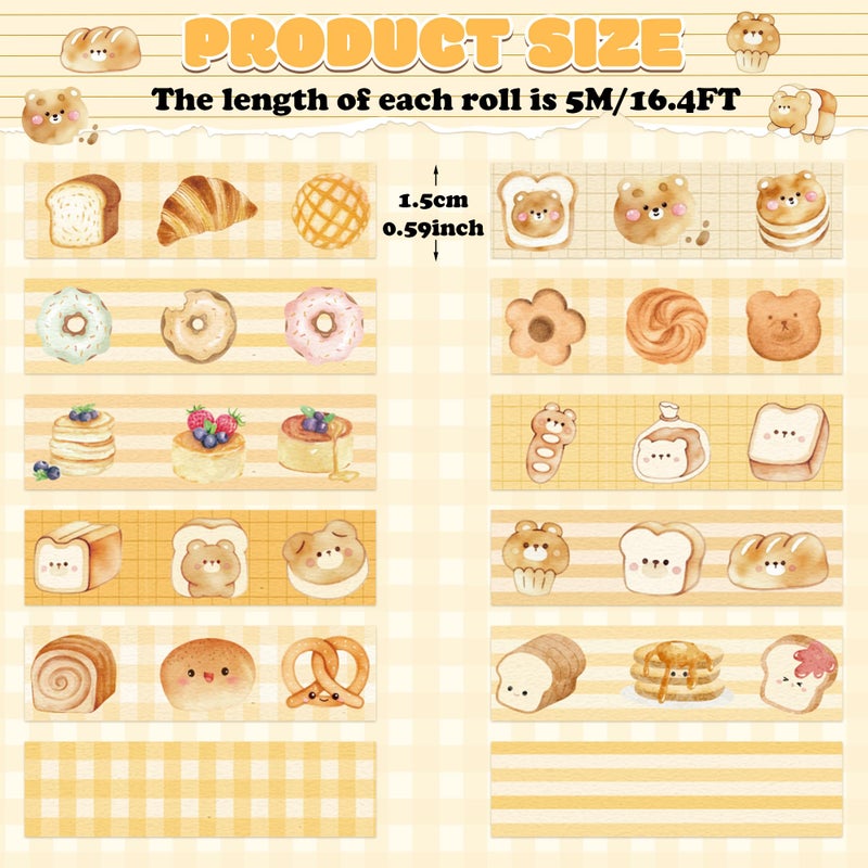 Bkeecten Bakery Bless Washi Tape - 12 Rolls Cute Donut Bear Waffle Bakery Washi Colored Masking Painters Scrapbook Decorative Art Tape Set Diy Crafts Self Adhesive Gift Wrapping Scrapbooking Supplies - Image 2
