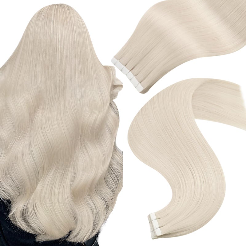Easyouth 22 Inch Tape in Hair Extensions Invisible Tape in Hair Extensions Real Human Hair White Blonde Hair Extension Real Human Hair Tapes in Easy to Wear 50G 20Pcs