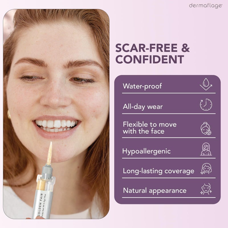 dermaflage مجموعة ملء الندبات ديرمافلاج - لون ذهبي فاتح - تغطية للندبات العميقة وكريم أساس مقاوم للماء لندبات حب الشباب والتجاعيد وندبات الثلج، إمداد لمدة 1 شهر - Image 3