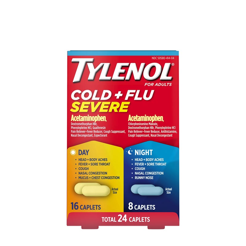 Tylenol تايلينول كولد + إنفلونزا شديدة نهار وليل أقراص لتخفيف الحمى، الألم، السعال والاحتقان، 24 حبة - Image 2