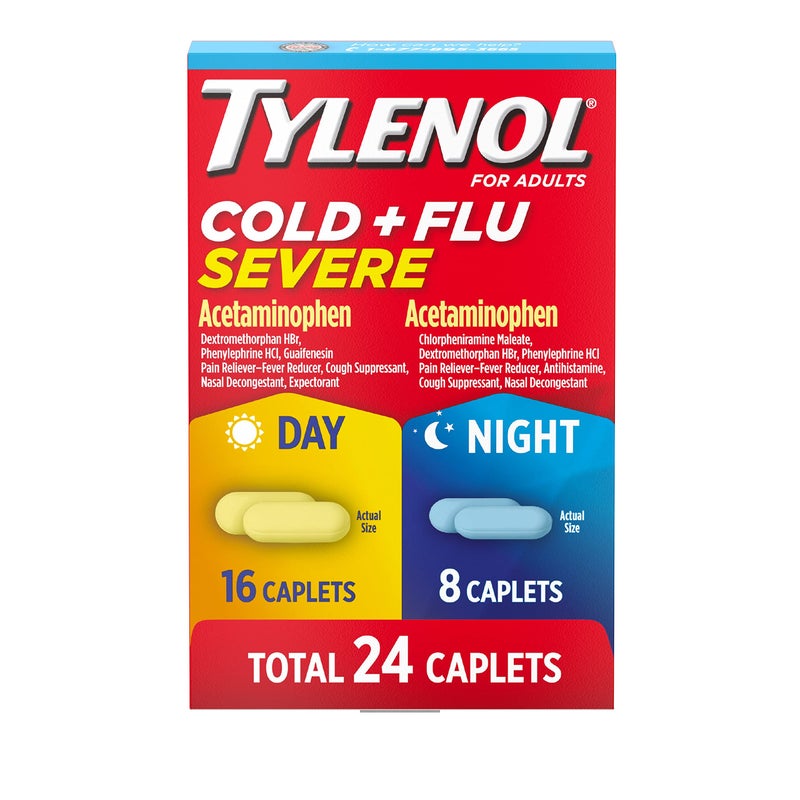 Tylenol تايلينول كولد + إنفلونزا شديدة نهار وليل أقراص لتخفيف الحمى، الألم، السعال والاحتقان، 24 حبة - Image 1