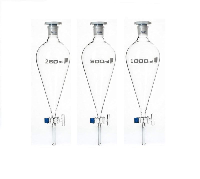 Salco Salco Borosilicate Glass 33 Separating Funnel Pear Shape with Stop Cork and Inter changeable Glass Stopper 250 ml 500 ml 1000 ml Set of 3  - Image 1
