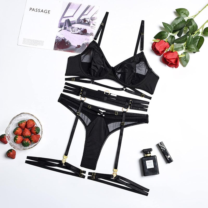 klarako Women Lingerie Set 4 Piece Sexy Mesh Bra Thongs Panties Belt Thigh Lklarakos Babydoll Bodysuit Underwear Nightwear - Image 2