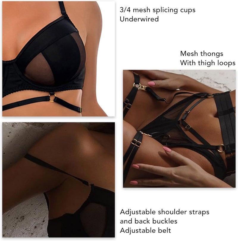 klarako Women Lingerie Set 4 Piece Sexy Mesh Bra Thongs Panties Belt Thigh Lklarakos Babydoll Bodysuit Underwear Nightwear - Image 3