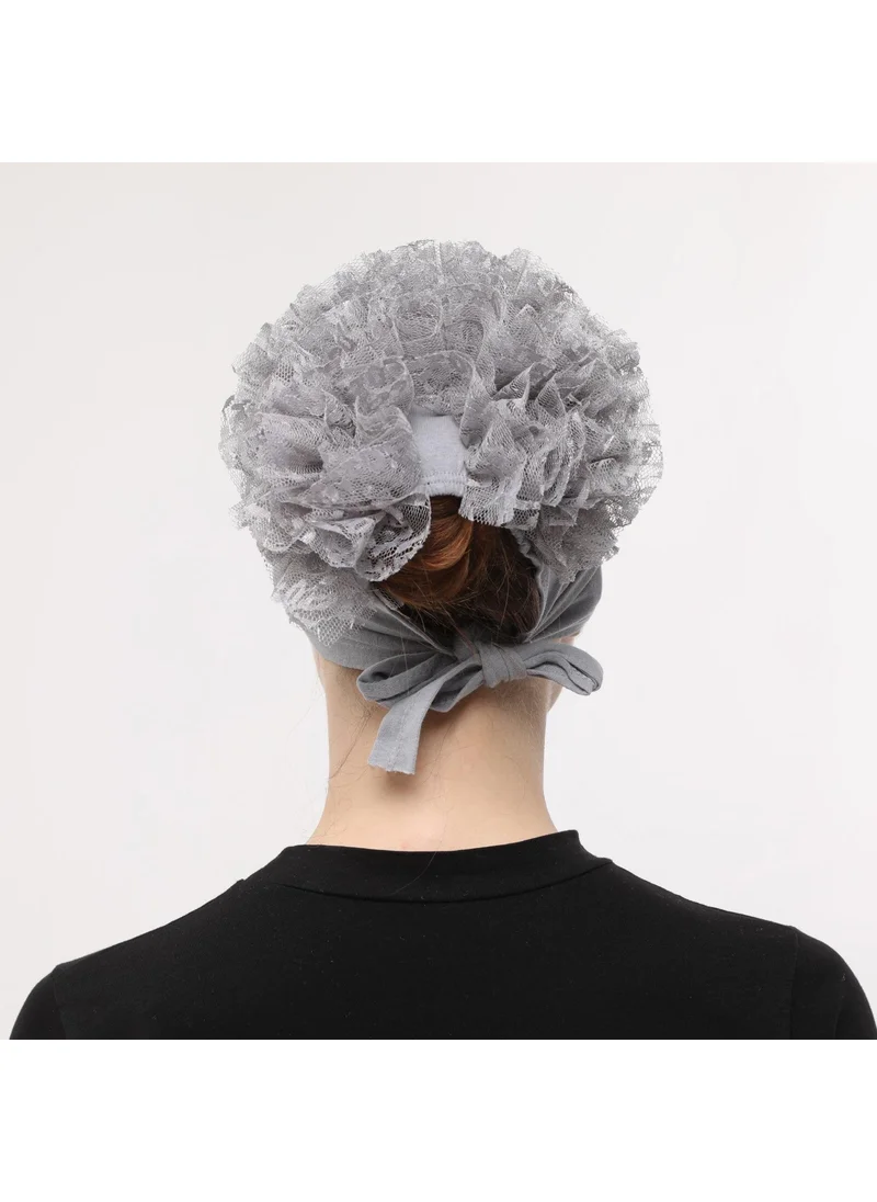 Sensu Stitched at the Front, Tied at the Back, Bun, Lace, Frill, Hijab Bonnet