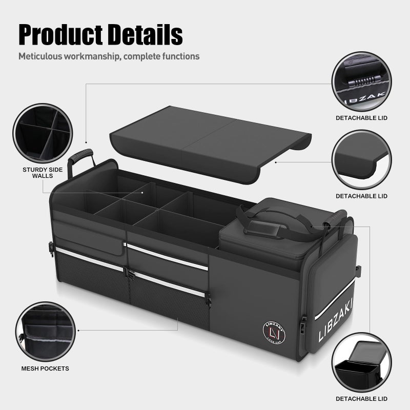 LI LIBZAKI LIBZAKI Oversize 4 in 1 Car Trunk Storage Organizer, Multi Compartment Collapsible Trunk Storage Box with Cooler Bag for Car Truck SUV-Black - Image 4
