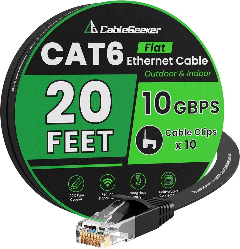 CableGeeker Cat 6 Ethernet Cable 20 ft, Indoor&Outdoor, High Speed 10Gbps Flat Internet Network Cable, Pure Copper Ethernet Patch Cable Long, Computer LAN Cable with Clips & Straps for Router, Modem, PS4/5, Black - Image 1