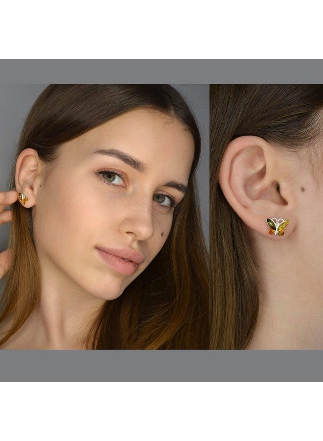 HolidayGiftShops أقراط العنبر 925 من العنبر البلطيقي الملون المتدلية للنساء مجموعة مجوهرات الفراشة من الفضة الاسترلينية - Image 2