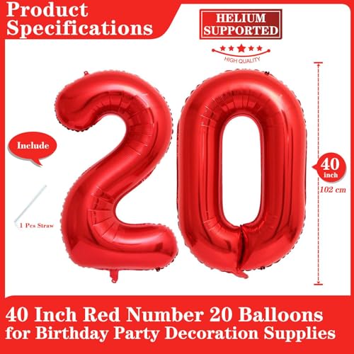 Lovoir Red 20 Number Balloons 40 Inch Giant Number 20 Balloons Foil Mylar Helium Red Number Balloons for 20th Birthday Party Supplies Anniversary Event Celebration Decorations - Image 5