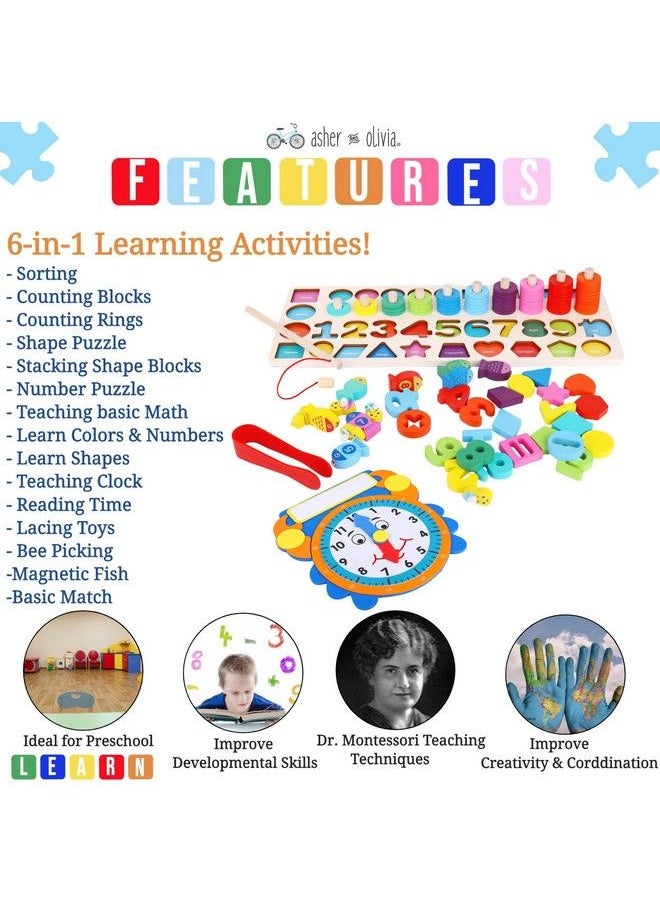 Asher and Olivia Wooden Montessori 7 1 Puzzle Setshape Sorter Counting Game Preschool Education Math Stacking Block Learning Wood Math Number Shape Picking Stacking Counting Fishing Set With Learning Clock  - Image 5