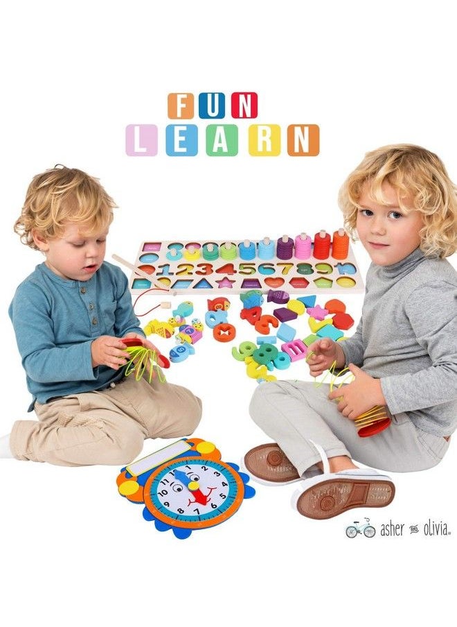 Asher and Olivia - Wooden Montessori 7 1 Puzzle Setshape Sorter Counting Game Preschool Education Math Stacking Block Learning Wood Math Number Shape Picking Stacking Counting Fishing Set With Learning Clock - Image 1