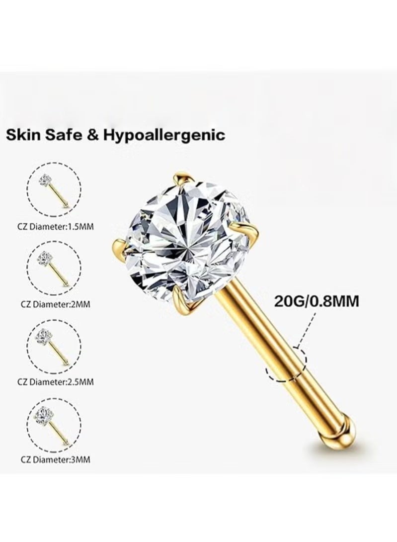 4PCS 14K Solid Gold 1.5/2/2.5/3mm Clear CZ Bone Nose Studs - Image 3
