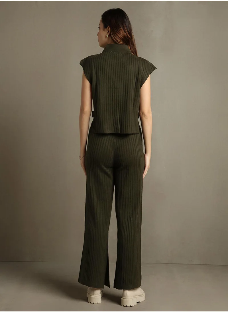 دينيس لينغو Women's Olive 100% Acrylic Embellished Regular Fit Sweater
