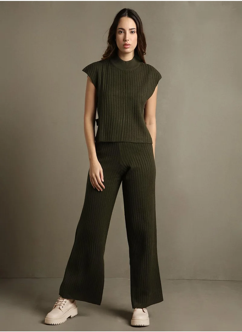 دينيس لينغو Women's Olive 100% Acrylic Embellished Regular Fit Sweater