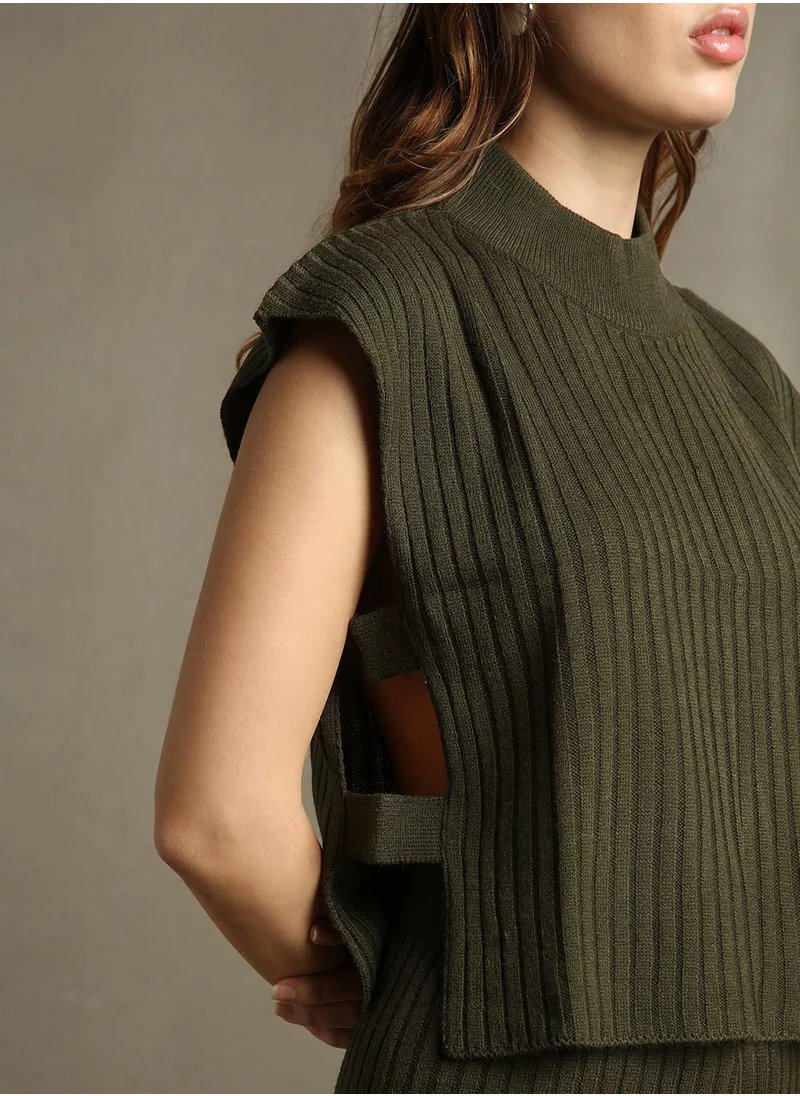 دينيس لينغو Women's Olive 100% Acrylic Embellished Regular Fit Sweater