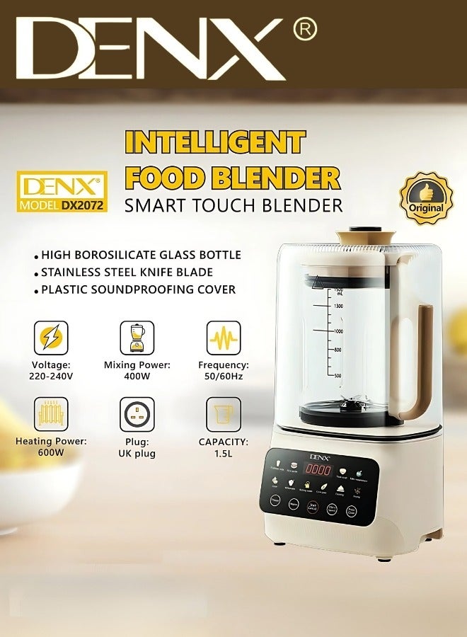 Denx Smart Food Blender, 600W Power, 1.5L Capacity, Touch-Operated, Quiet Blender for Smoothies, Soy Milk, Oatmeal Juice, and Hot Baby Food with Timer, Auto-Cleaning, and Noise Protection, Hot and Cold Kitchen Blender - Image 4