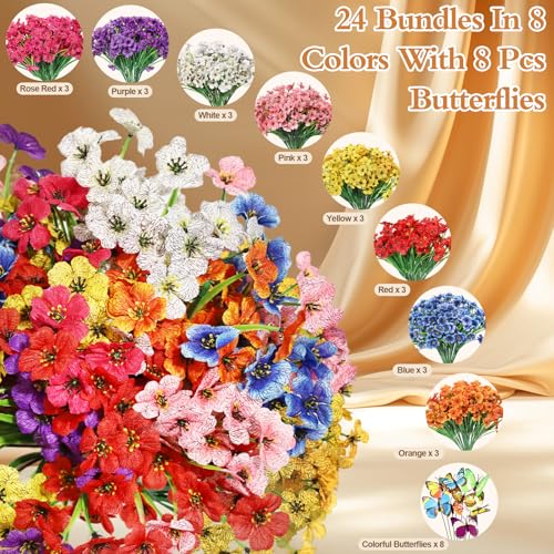 PARTY TONIGHT 24 Bundles Artificial Flowers for Outdoors,UV Resistant Artificial Outdoor Flowers No Fade Fake Flowers and 8 Pcs Butterflies for Garden Porch Home Wedding Farmhouse(8 Mix Color) - Image 3