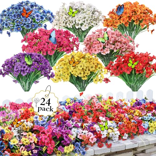 PARTY TONIGHT 24 Bundles Artificial Flowers for Outdoors,UV Resistant Artificial Outdoor Flowers No Fade Fake Flowers and 8 Pcs Butterflies for Garden Porch Home Wedding Farmhouse(8 Mix Color) - Image 1