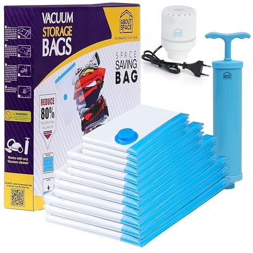 ABOUT SPACE 12 Pack 2 Jumbo / 2L / 2M / 2S Vacuum Bags for Travel with Hand & Electric Pump | Space Saver Storage Organizer Bag for Clothes, Comforters, Ziplock Airtight Reusable Luggage Bags (Blue) - Image 1