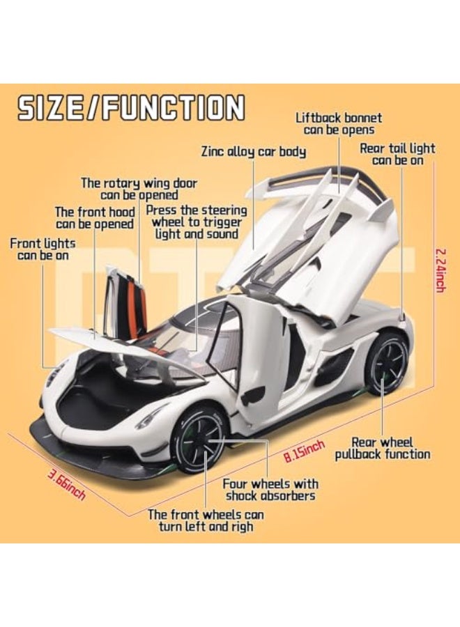 Toy Cars for Boys 1/24 Koenigsegg Jesko Metal Die Cast Toy Cars, Collectibles Koenigsegg Model Car, Pull Back Koenigsegg Toy Car with Light and Sound, Cars Gifts for Age 3+ Year Old Boys (White) - Image 2