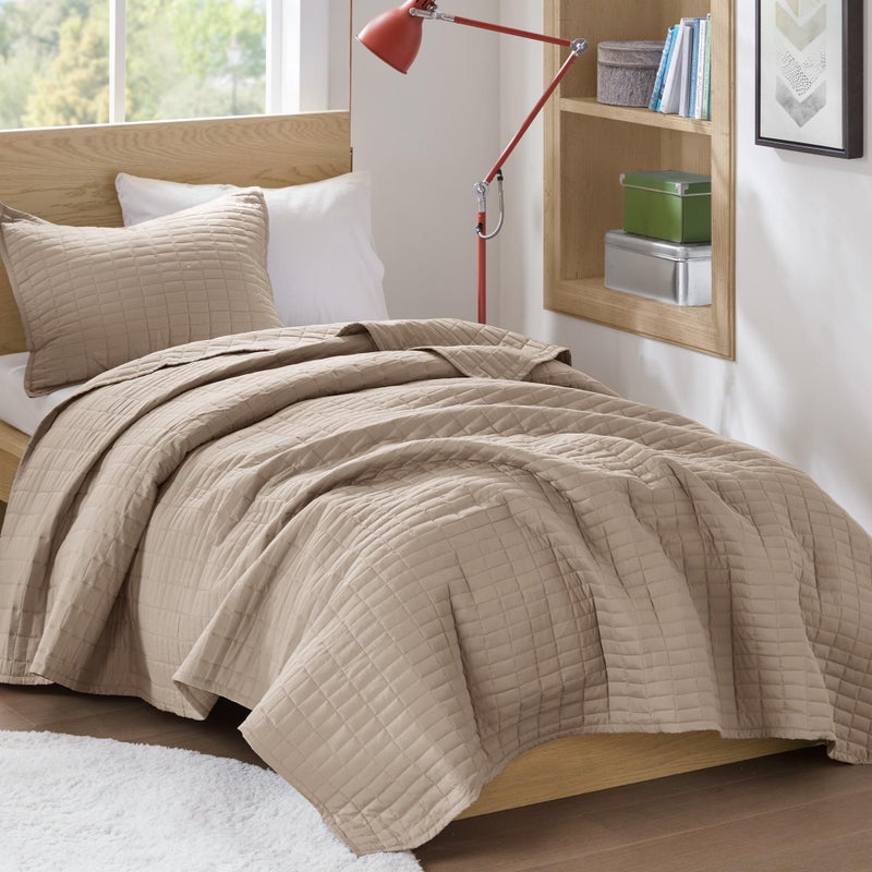 Comfort Spaces Kienna Quilt Set- Double Sided Stitching Design Summer Blanket, Lightweight, Soft, All Season Bedding Layer, Matching Sham, Taupe, Coverlet Twin/Twin XL(66"x90") 2 Piece - Image 1