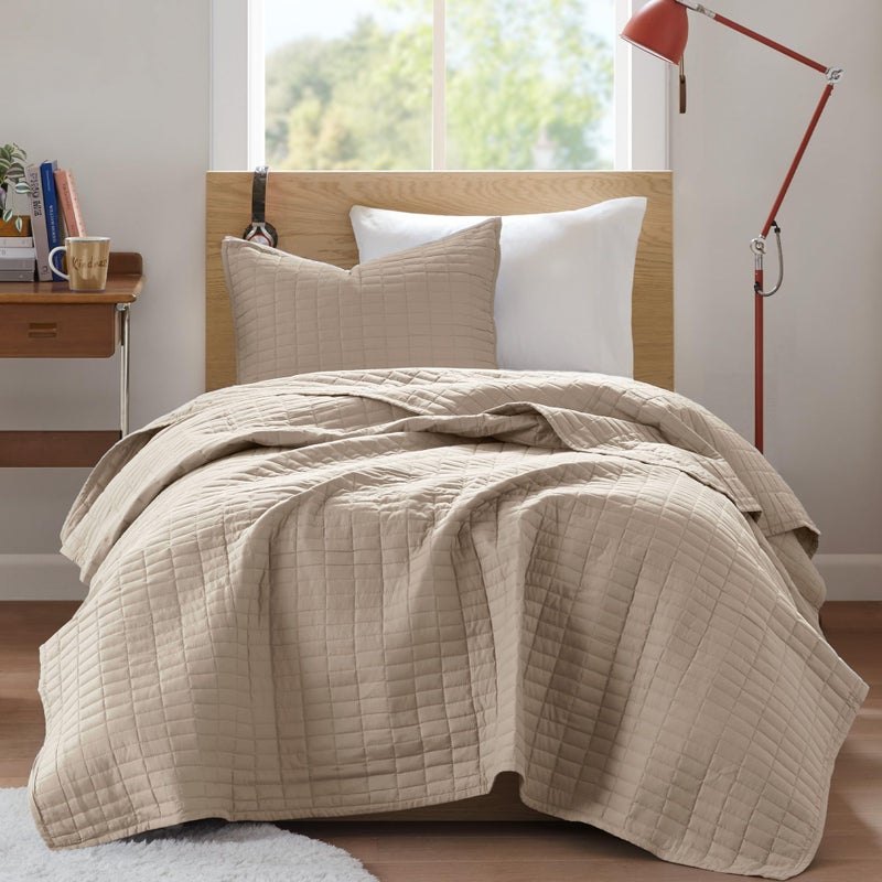 Comfort Spaces Kienna Quilt Set- Double Sided Stitching Design Summer Blanket, Lightweight, Soft, All Season Bedding Layer, Matching Sham, Taupe, Coverlet Twin/Twin XL(66"x90") 2 Piece - Image 2